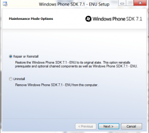 Windows Phone SDK 7.1 repair reinstall mode 300x268 Installing Windows Phone 7 SDK on Windows 8 