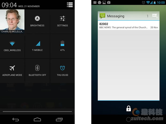 Android 4.2的快速设置面板(左)和锁屏通讯部件(右) Android 4.2的快速设置面板(左)和锁屏通讯部件(右)